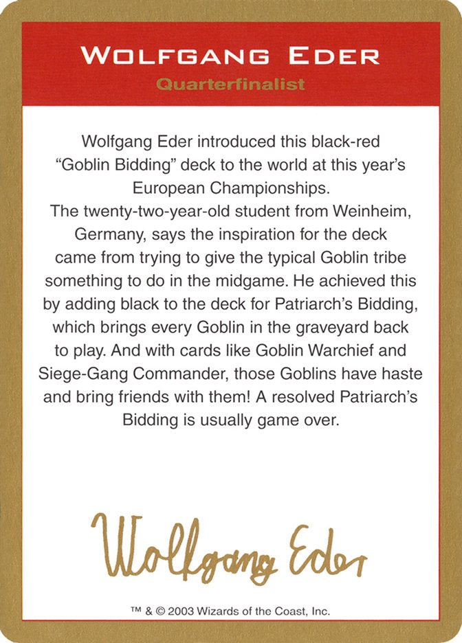 Wolfgang Eder Bio [World Championship Decks 2003] | Pegasus Games WI