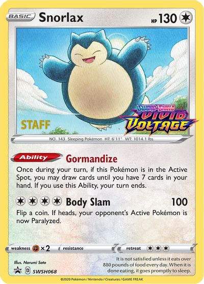 Snorlax (SWSH068) (Staff Prerelease Promo) [Sword & Shield: Black Star Promos] | Pegasus Games WI