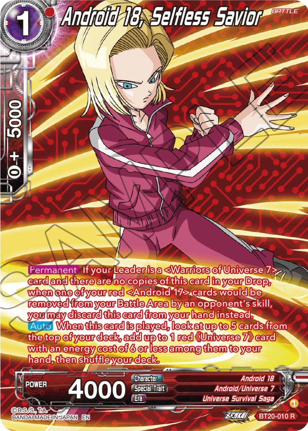 Android 18, Selfless Savior (Silver Foil) (BT20-010) [Power Absorbed] | Pegasus Games WI