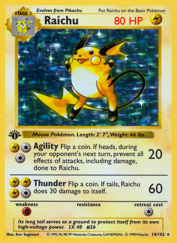 Raichu (14/102) (Shadowless) [Base Set 1st Edition] | Pegasus Games WI