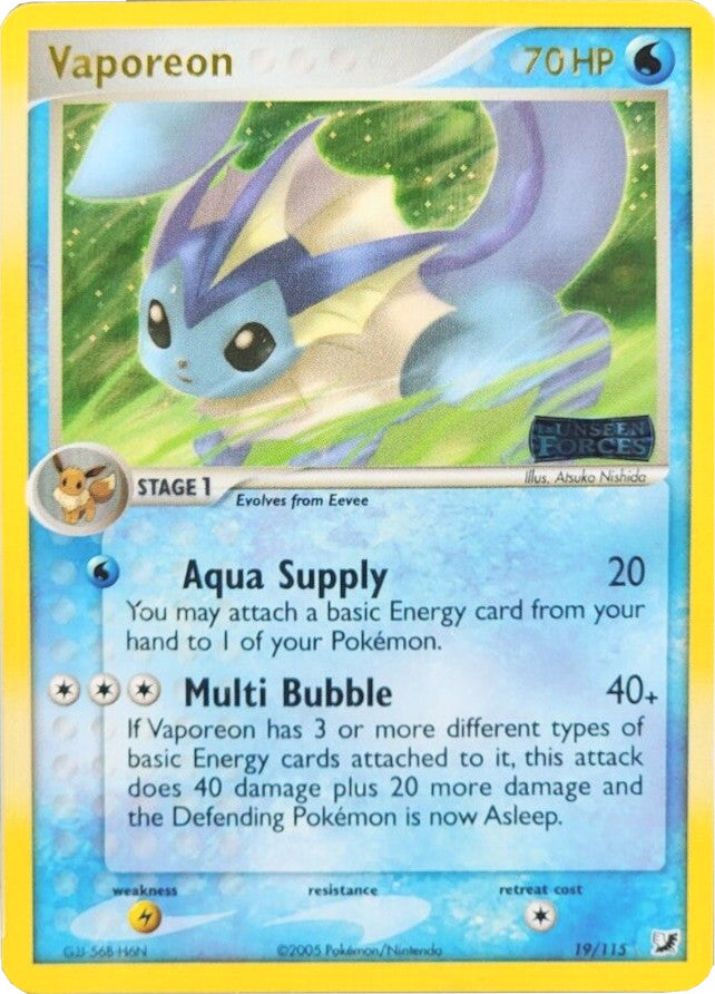 Vaporeon (19/115) (Stamped) [EX: Unseen Forces] | Pegasus Games WI