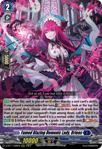 Famed Blazing Demonic Lady, Oriens (D-BT11/006EN) [Clash of the Heroes] | Pegasus Games WI