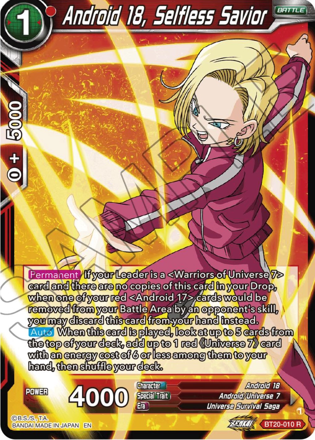 Android 18, Selfless Savior (BT20-010) [Power Absorbed] | Pegasus Games WI
