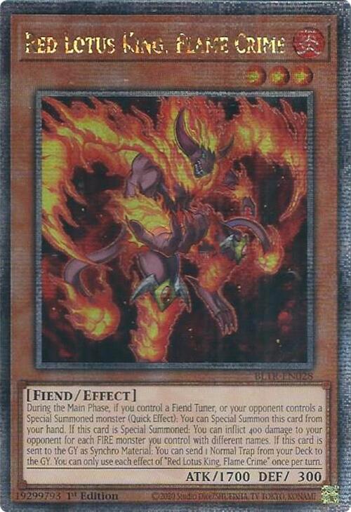 Red Lotus King, Flame Crime (Quarter Century Secret Rare) [BLTR-EN028] Quarter Century Secret Rare | Pegasus Games WI