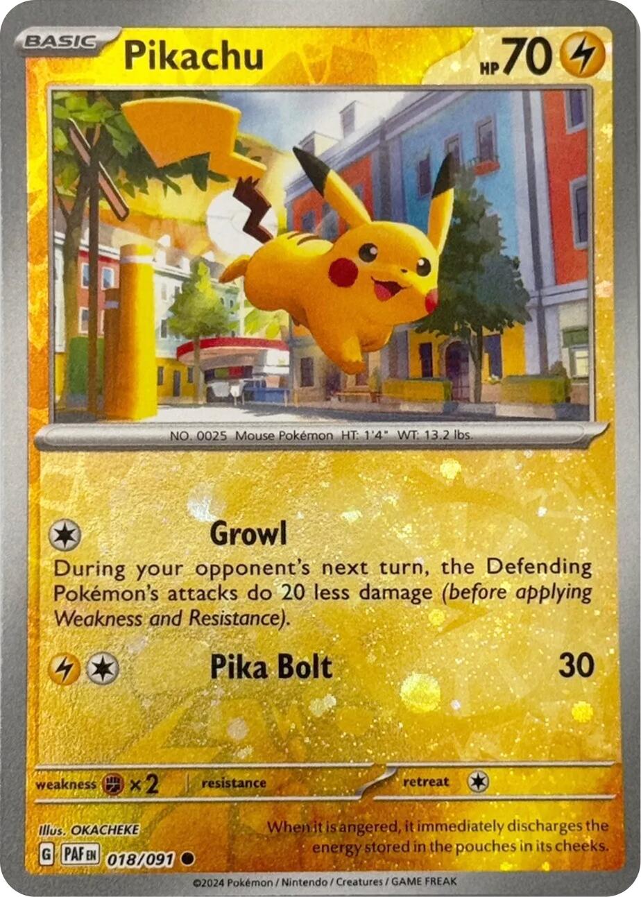 Pikachu (018/091) (Reverse Cosmos Holo) [Scarlet & Violet: Paldean Fates] | Pegasus Games WI