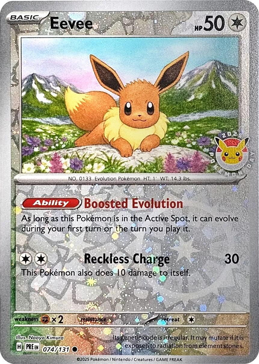 Eevee (074/131) (Pokemon Day 2025) (Reverse Cosmos Holo) [Scarlet & Violet: Prismatic Evolutions] | Pegasus Games WI