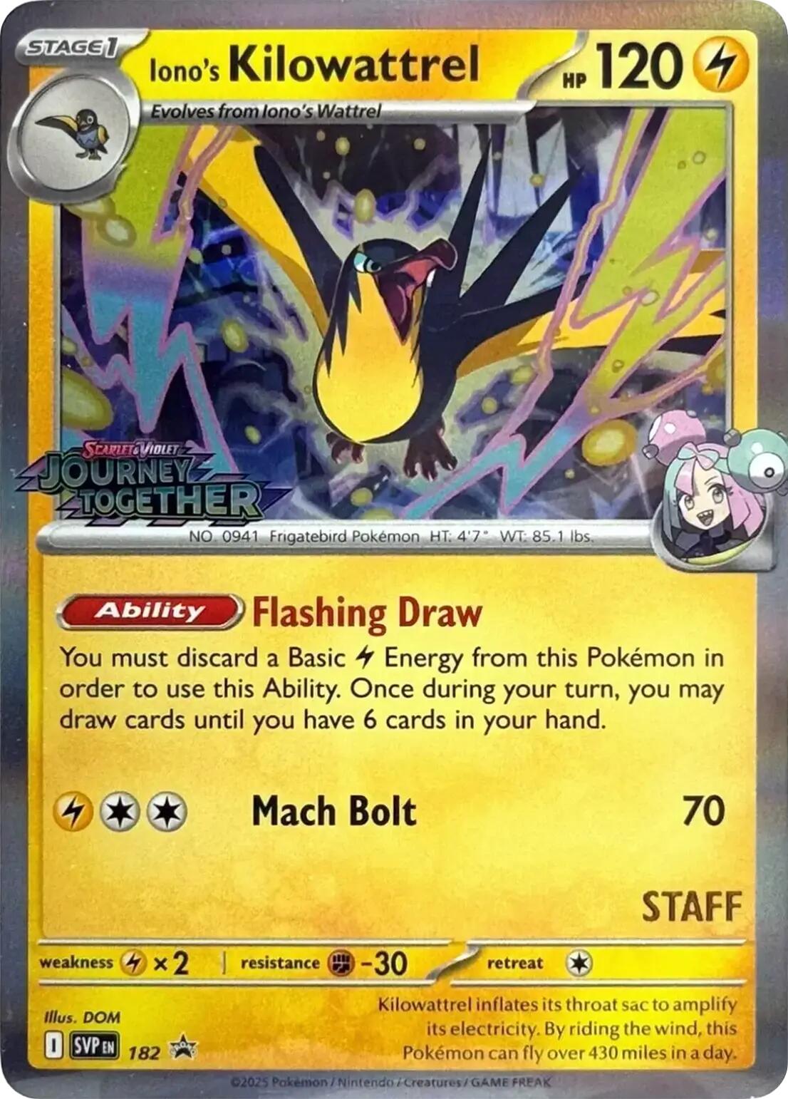 Iono's Kilowattrel (182) (Prerelease Staff) [Scarlet & Violet: Black Star Promos] | Pegasus Games WI