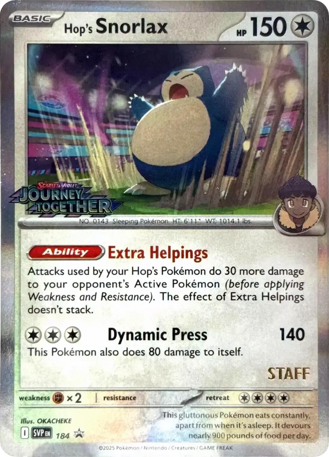 Hop's Snorlax (184) (Prerelease Staff) [Scarlet & Violet: Black Star Promos] | Pegasus Games WI