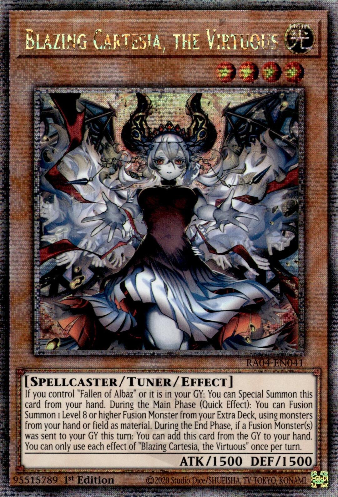 Blazing Cartesia, the Virtuous (New Art) [RA04-EN041] Quarter Century Secret Rare | Pegasus Games WI