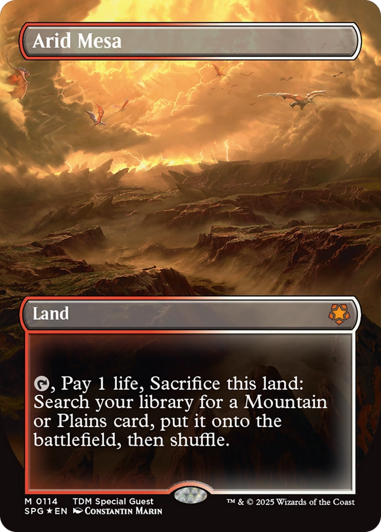 Arid Mesa (Borderless) (Dragonscale Foil) [Tarkir: Dragonstorm Special Guests] | Pegasus Games WI
