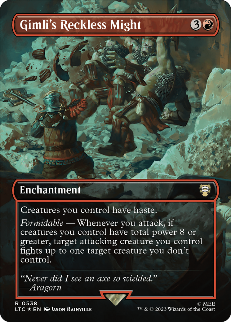 Gimli's Reckless Might (Borderless) (Surge Foil) [The Lord of the Rings: Tales of Middle-Earth Commander] | Pegasus Games WI