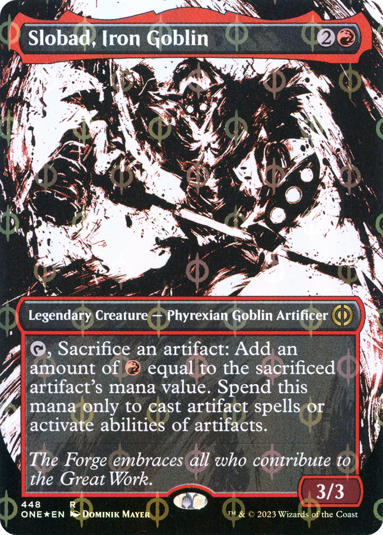 Slobad, Iron Goblin (Borderless Ichor Step-and-Compleat Foil) [Phyrexia: All Will Be One] | Pegasus Games WI
