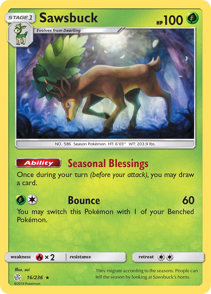 Sawsbuck (16/236) (Prerelease Kit Exclusive) (Theme Deck Exclusive) [Sun & Moon: Cosmic Eclipse] | Pegasus Games WI