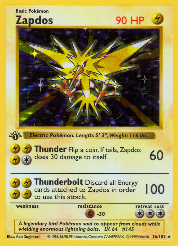 Zapdos (16/102) (Shadowless) [Base Set 1st Edition] | Pegasus Games WI