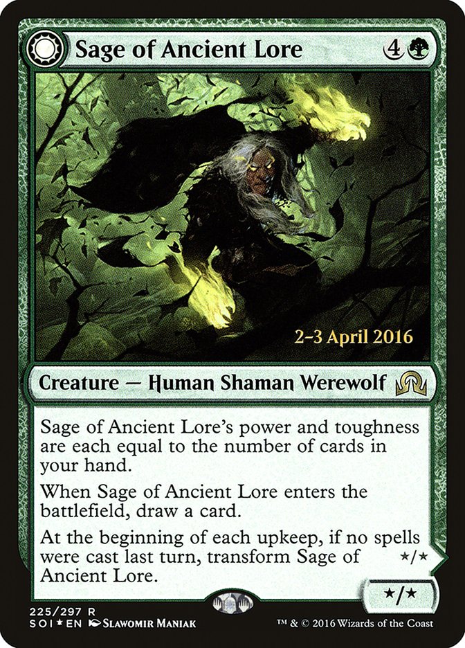 Sage of Ancient Lore // Werewolf of Ancient Hunger [Shadows over Innistrad Prerelease Promos] | Pegasus Games WI