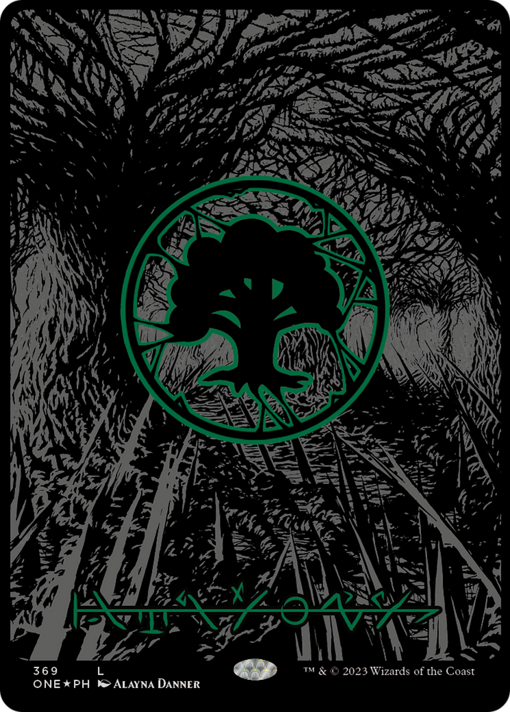 Forest (369) (Oil Slick Raised Foil) [Phyrexia: All Will Be One] | Pegasus Games WI