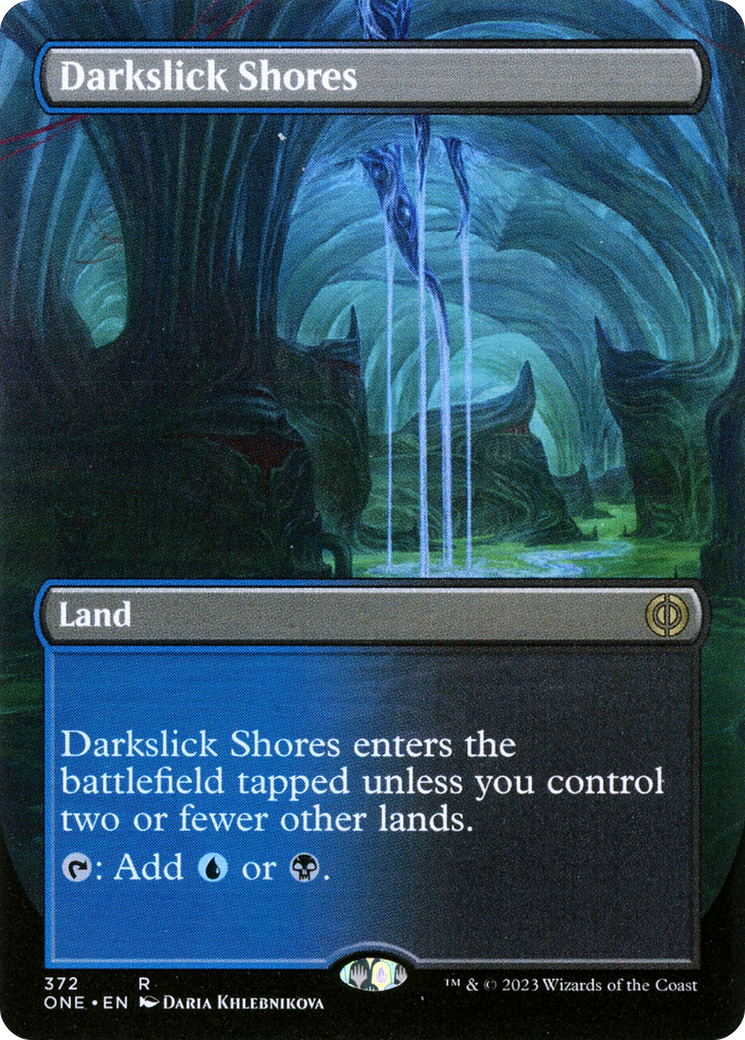 Darkslick Shores (Borderless Alternate Art) [Phyrexia: All Will Be One] | Pegasus Games WI
