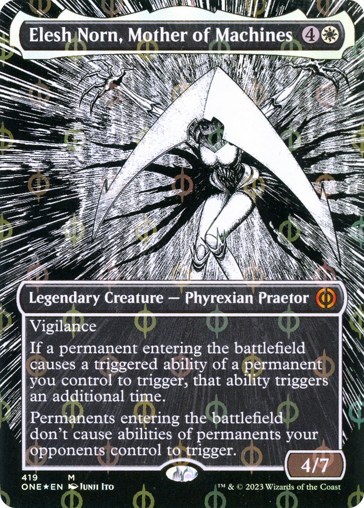 Elesh Norn, Mother of Machines (Borderless Manga Step-and-Compleat Foil) [Phyrexia: All Will Be One] | Pegasus Games WI