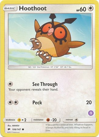 Hoothoot (106/147) (Deck Exclusive #1) [Sun & Moon: Trainer Kit - Alolan Sandslash] | Pegasus Games WI