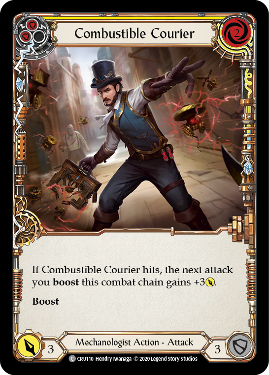 Combustible Courier (Yellow) [CRU110] 1st Edition Rainbow Foil | Pegasus Games WI