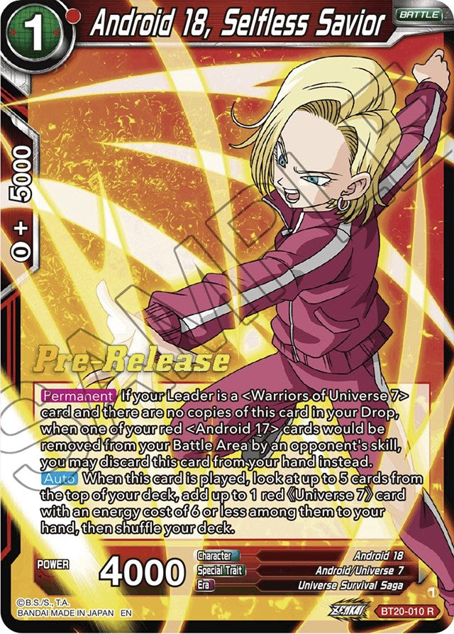 Android 18, Selfless Savior (BT20-010) [Power Absorbed Prerelease Promos] | Pegasus Games WI
